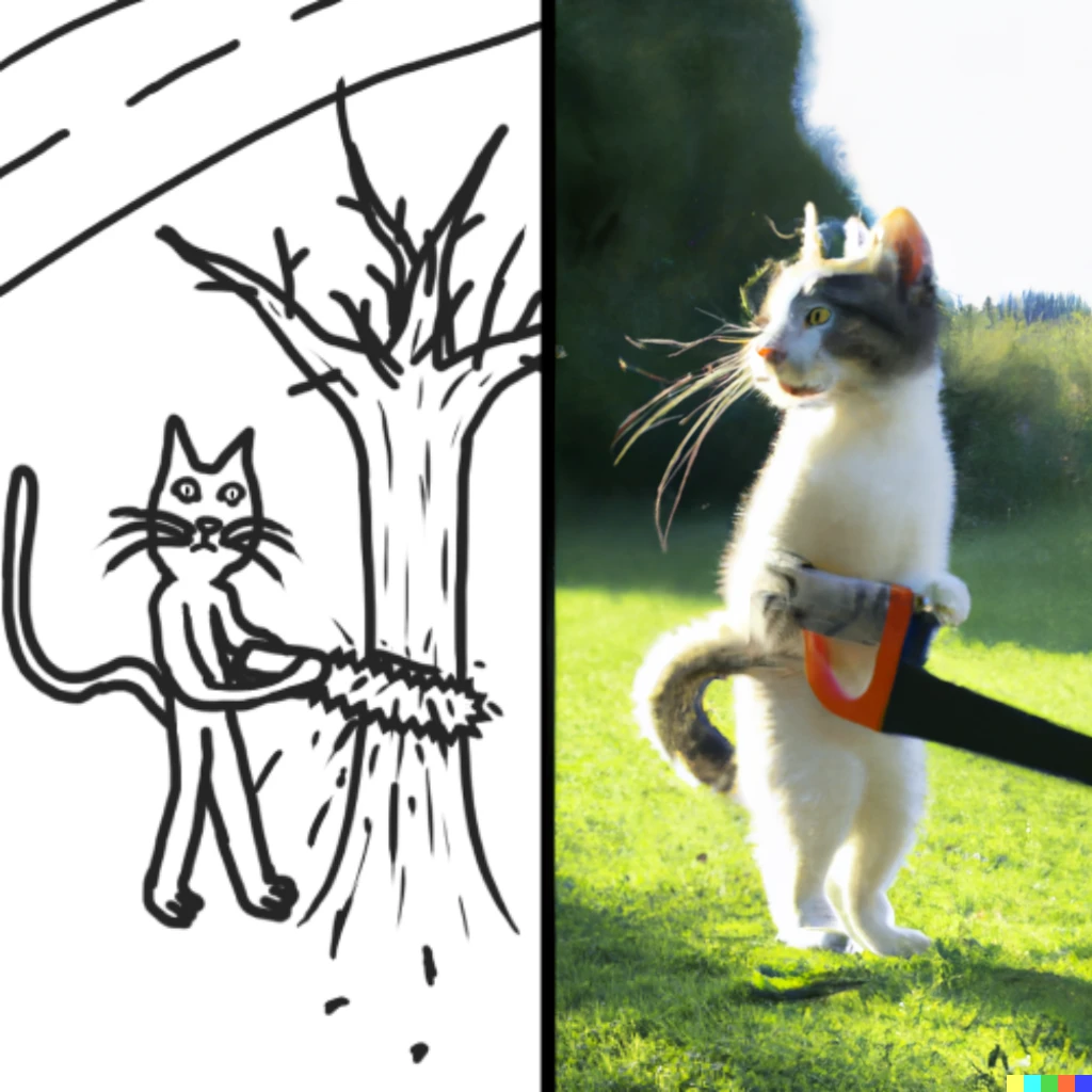 Prompt: a photorealistic render on the right of the exact same cat sawing a tree near the road on the left 