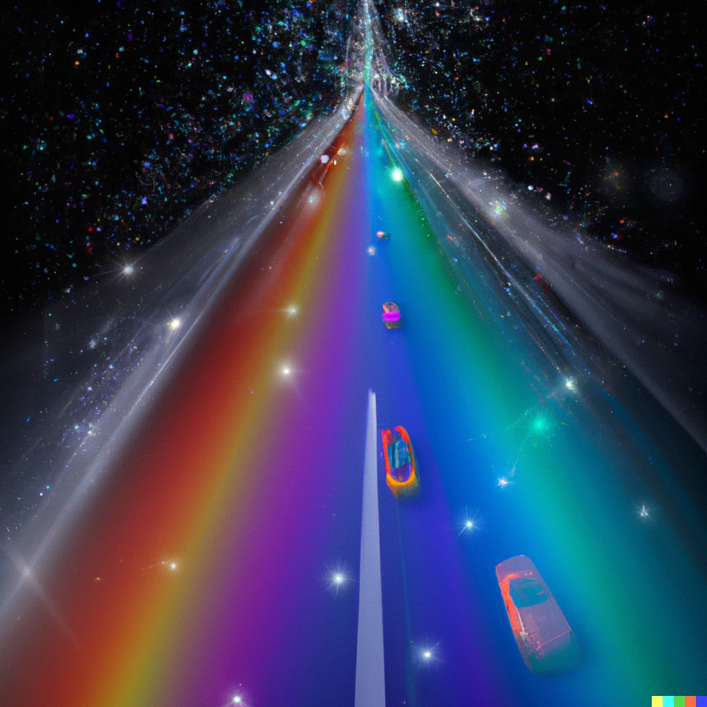 Prompt: A photo of a rainbow glowing road suspended in space, with cars on the road, sparkly, extremely detailed, photorealistic yet dreamlike