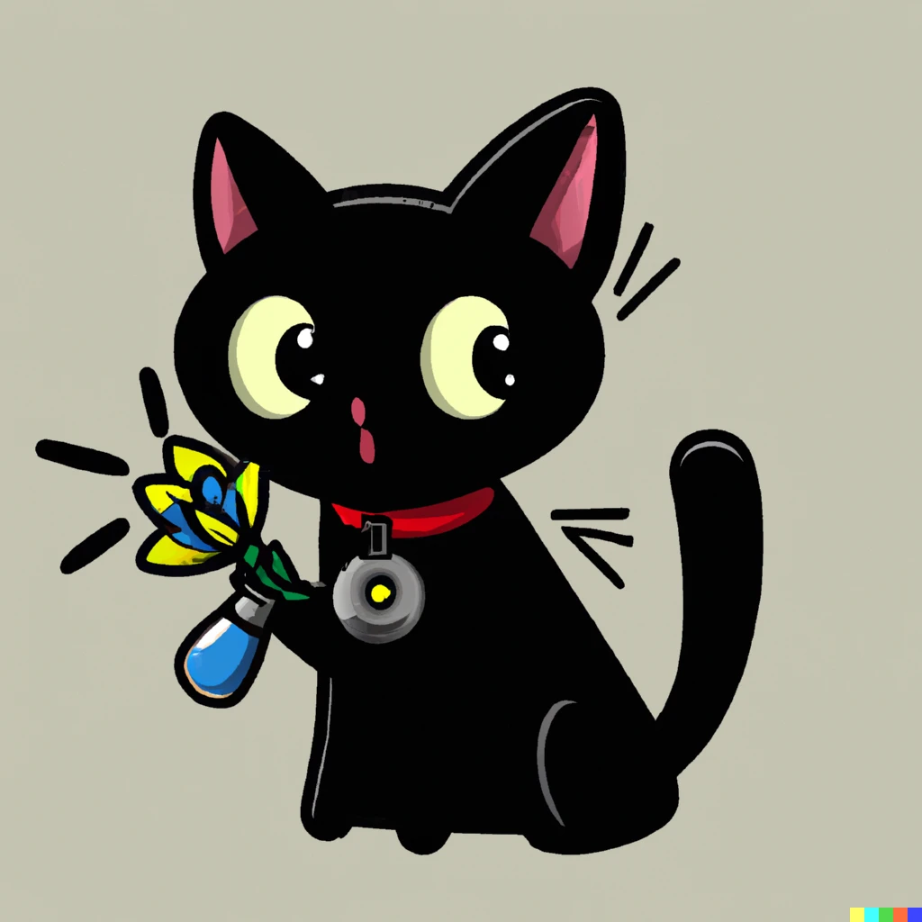 Prompt: a black cat that looks kinda scared wearing a necklace of flowers holding a flashlight that's pointed to the left, sticker illustration, cute 