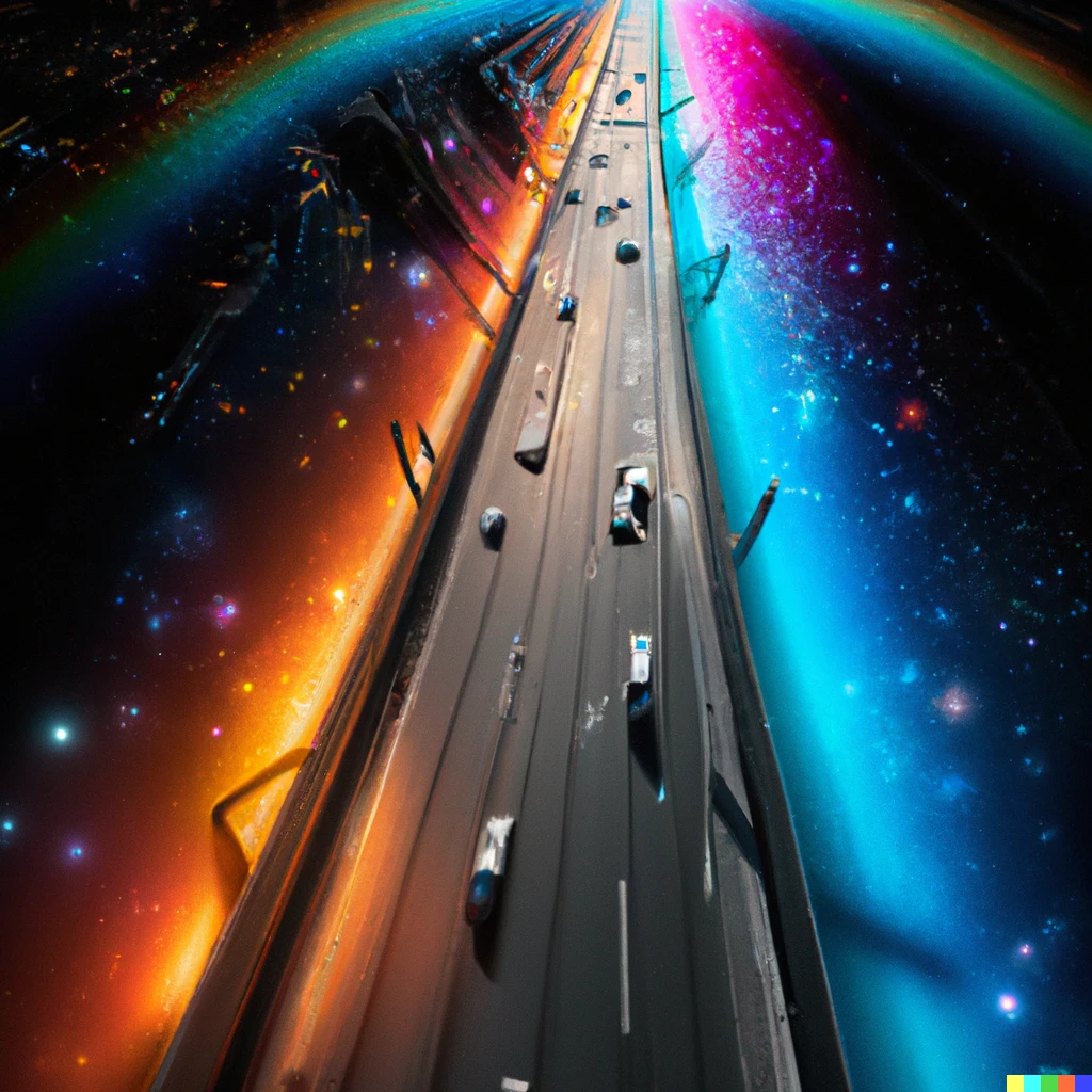 Prompt: A photo of a rainbow glowing road suspended in space, with cars on the road, sparkly, extremely detailed, photorealistic yet dreamlike