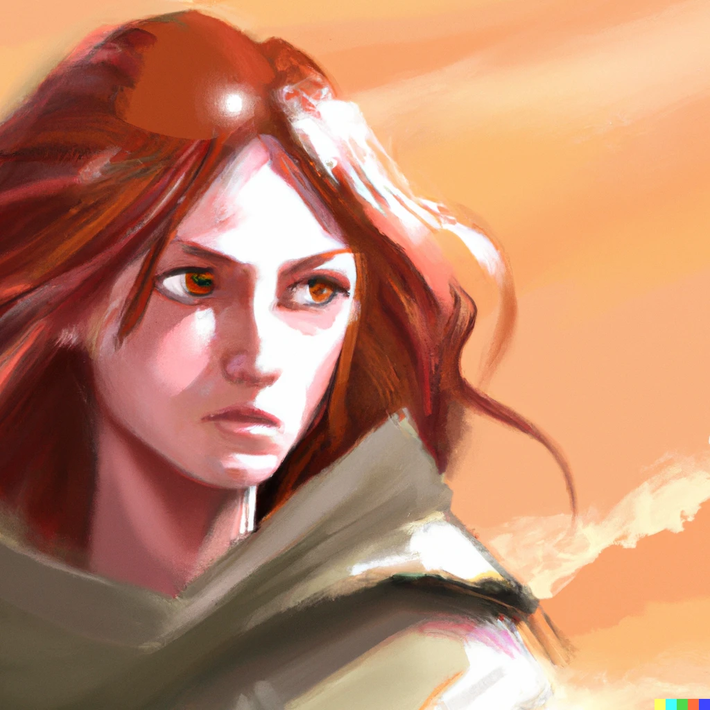 Prompt: pale red straight haired woman rogue fighting in desert, portrait, art station digital art