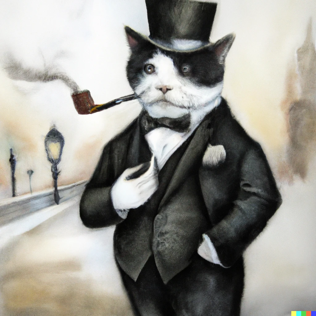 Prompt: A cat wearing a tuxedo and a top hat smoking a large black tobacco pipe in the 1930s outside of a New York street, grayscale, watercolor art, award winning