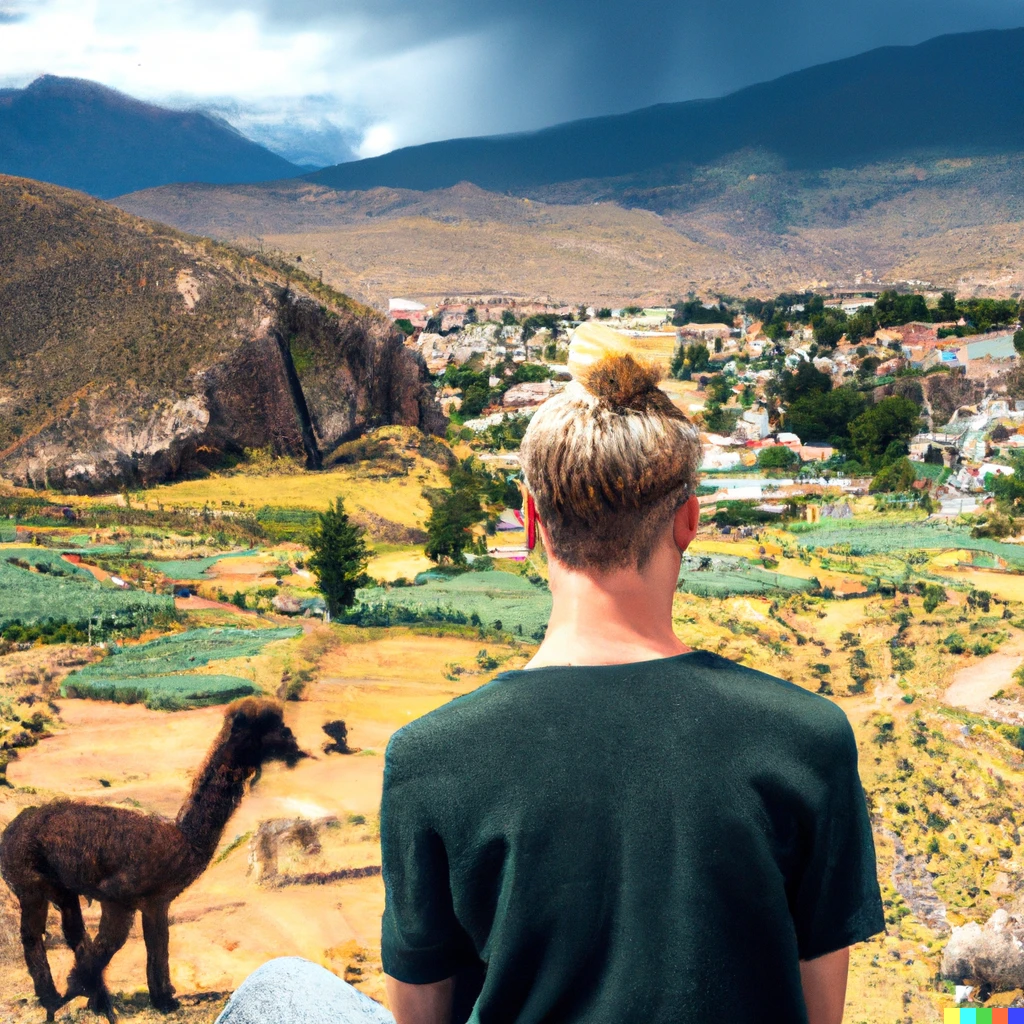 Prompt: 20 year old male with blond hair in a man bun, on rocky cliffs, looking down on a small South American village, alpacas, cacti, spring pools, digital art