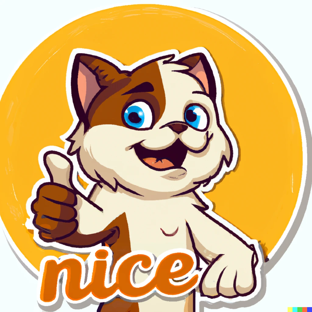 Prompt: "nice" text under cat thumbs up sticker illustration