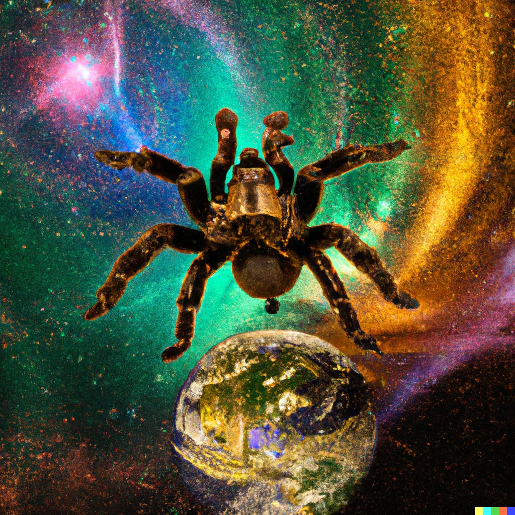 Prompt: The tarantula emperor giving a speech at the edge of the multiverse