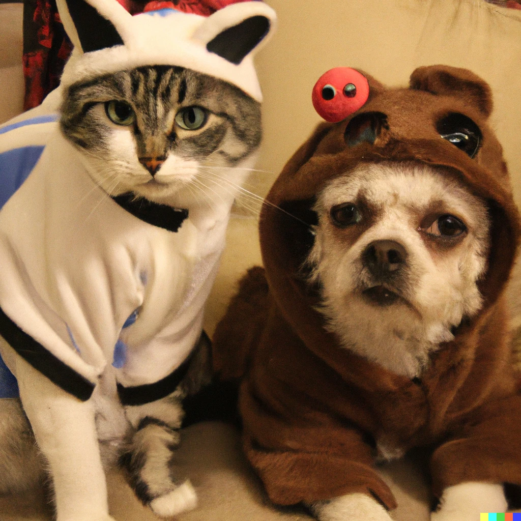 Prompt: A cat dressed as a dog and a dog dressed as a cat