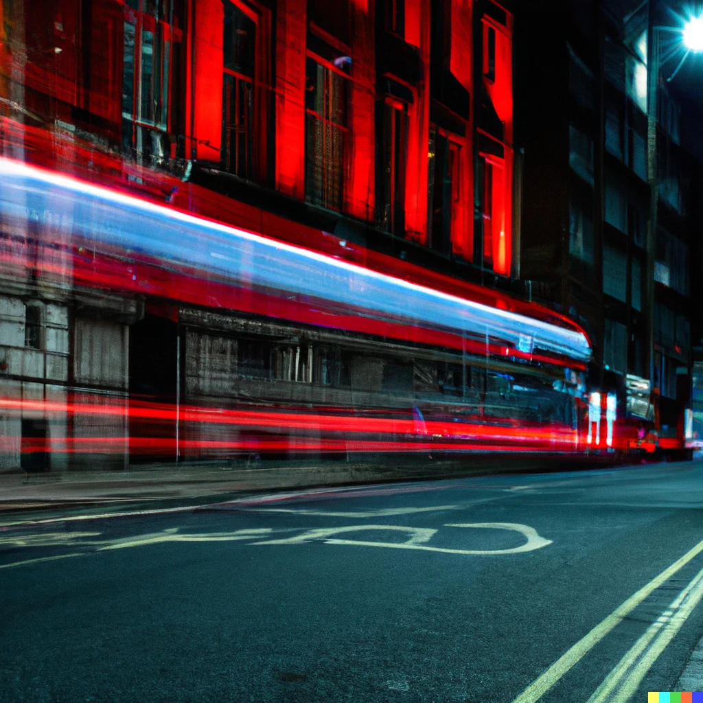 Prompt: Street in england, during night, a red bus passing by, neon, cyberpunk, long exposure, sigma 24mm F4 1 sec shutter, high detail