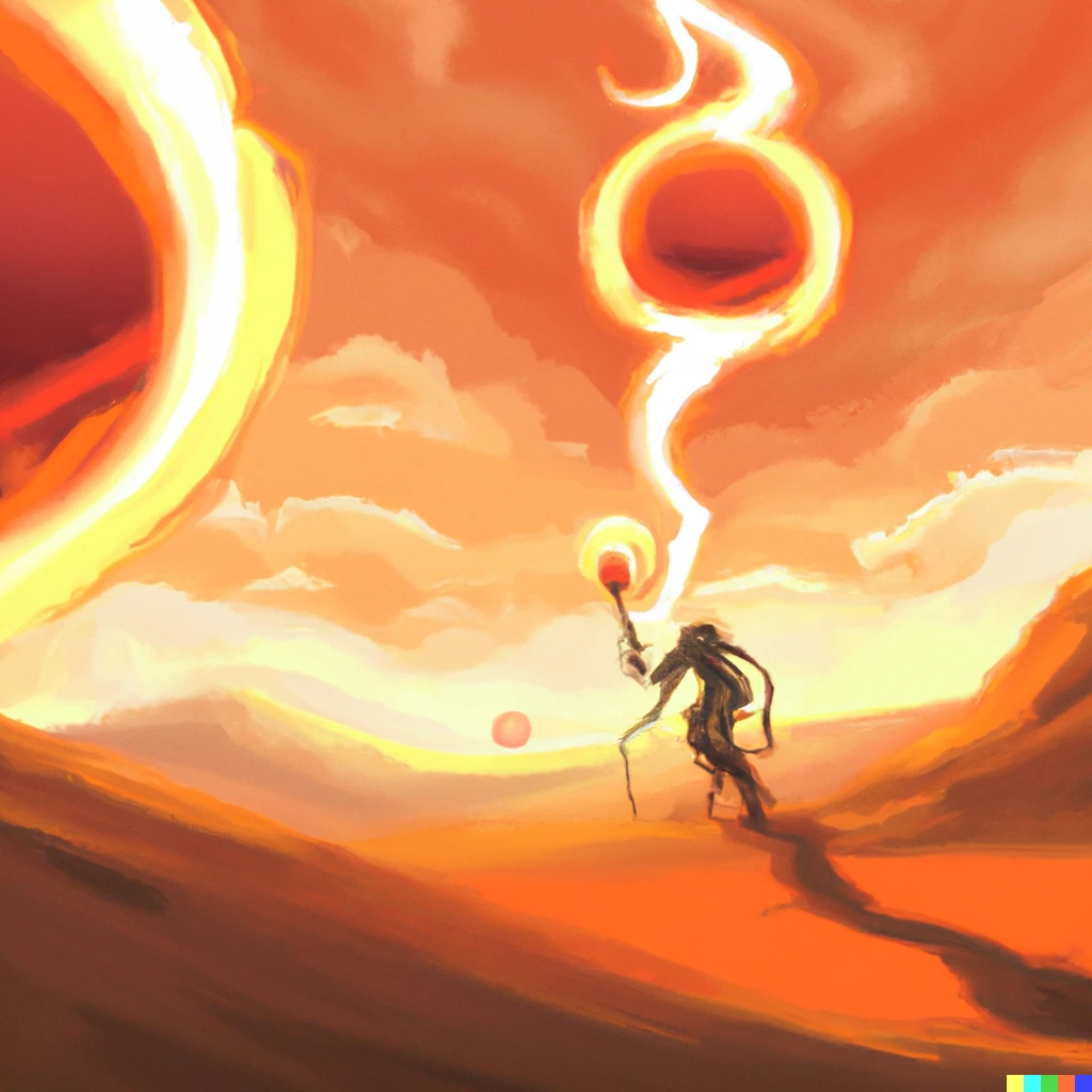 Prompt: mage fireball in desert, digital art