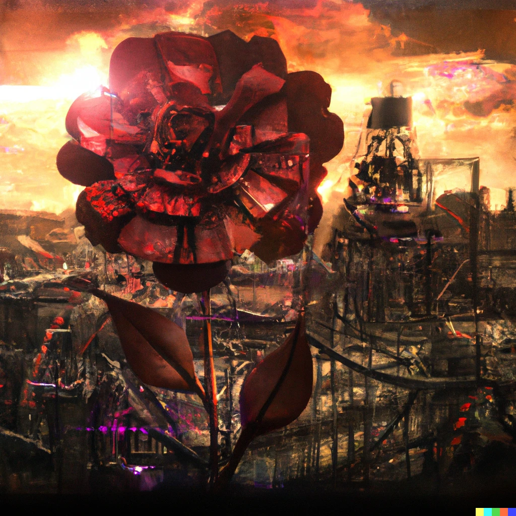 Prompt: A rose in full bloom, its petals a deep red hue, surrounded by a steampunk city. The sun is setting in the background, casting a warm light on the scene, digital art, unreal 5 