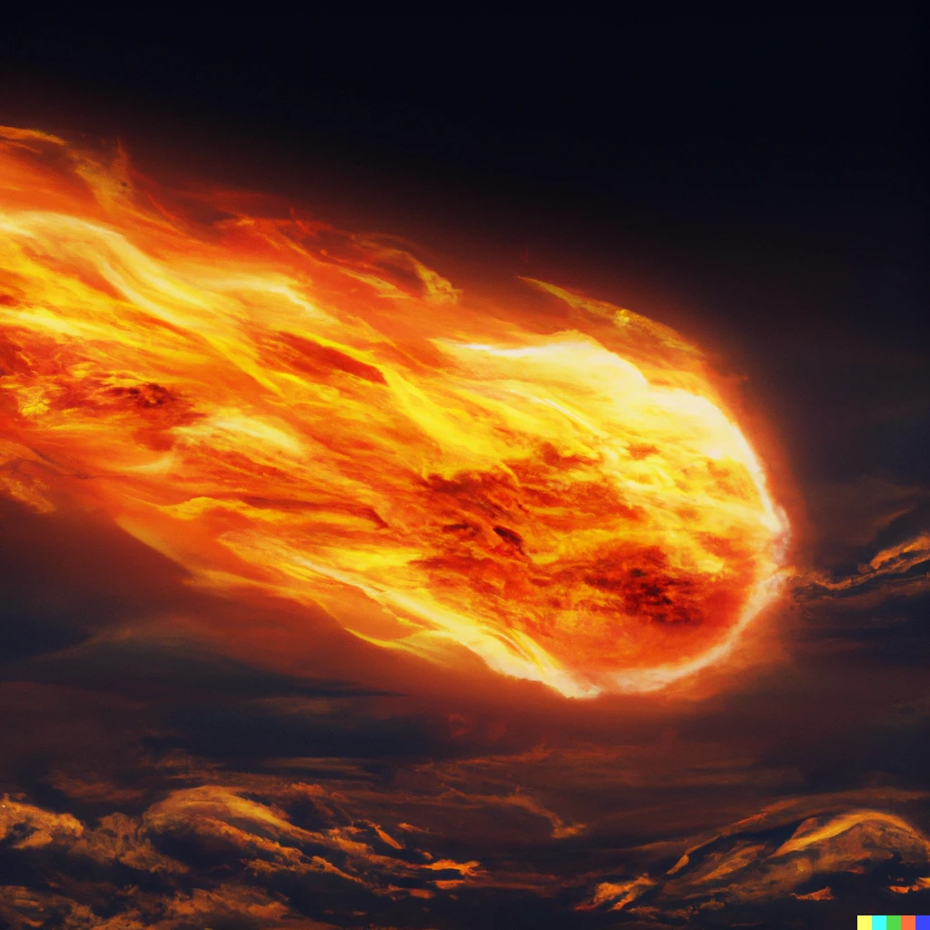Prompt: flaming fiery fireball with a long trail flying across the sky in the distance, digital art