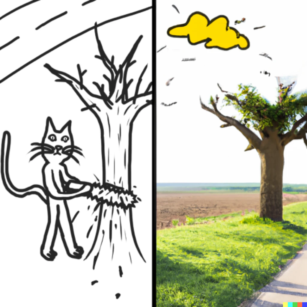 Prompt: a photorealistic render on the right of the exact same cat sawing a tree near the road on the left 