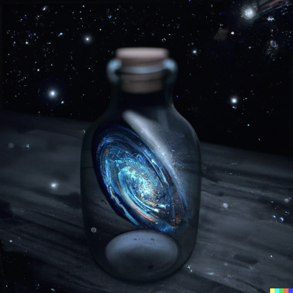 Prompt: “A galaxy contained inside a clear glass bottle, 4K digital art, unreal engine”