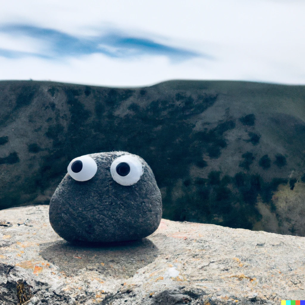 Prompt: "A medium-sized, grey rock with two plastic googly eyes attached to it, overlooking a cliff”