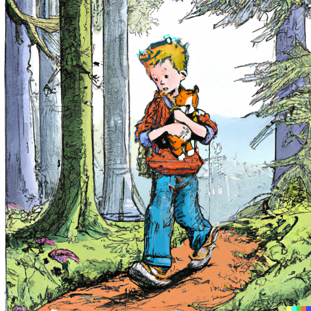 Prompt: A grown up Calvin carrying stuffed animal Hobbes through the woods, illustrated by Bill Watterson