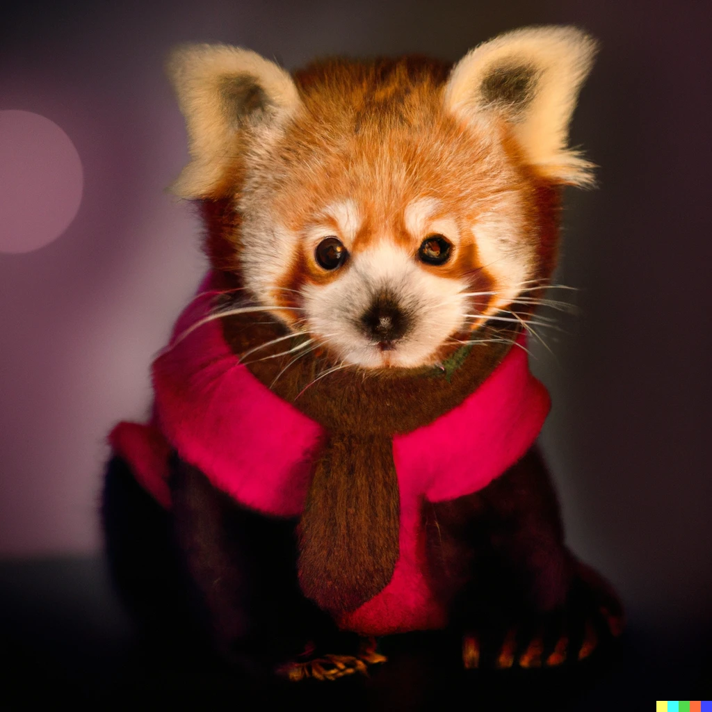Prompt: “baby adorable red panda wearing a pink turtleneck, studio, portrait, facing camera, studio, bokeh, dark background” 