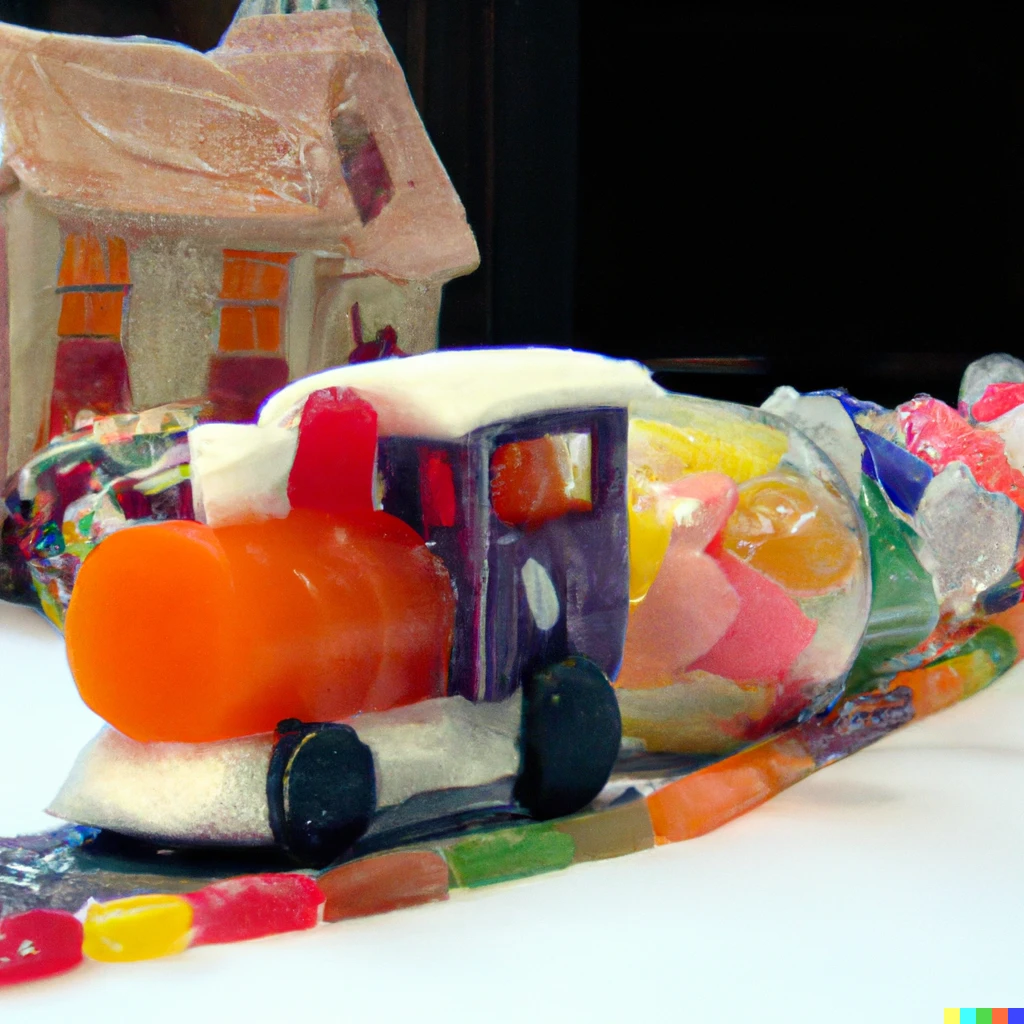 Prompt: A old train made of candy pulling into a train station by Walter Wick