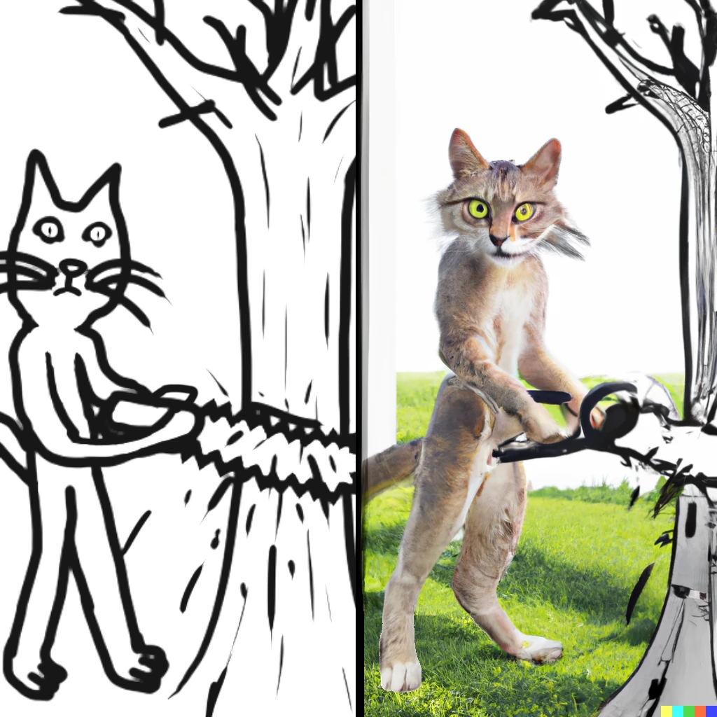 Prompt: a photorealistic render on the right of the exact same cat sawing a tree on the left