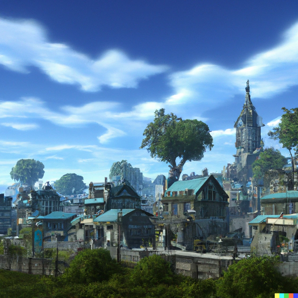 Prompt: a town in the style of a World of Warcraft screenshot