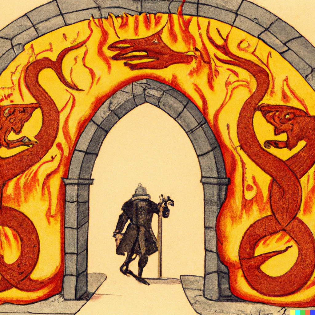 Prompt: An illustration from the 16th century of a man walking through evil fiery gates