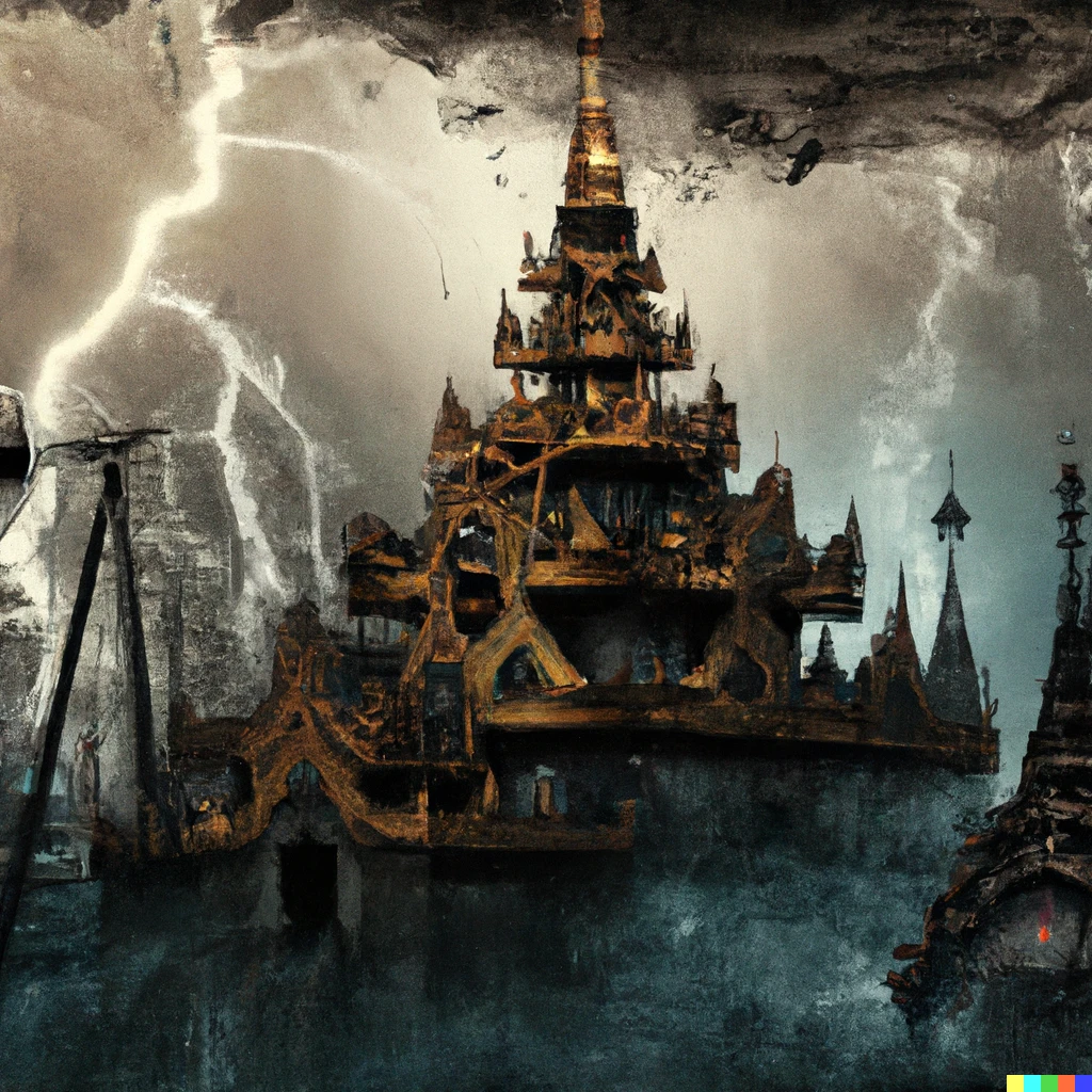 Prompt: “Burmese temple in a steampunk environment during a thunderstorm , digital art, high quality.”