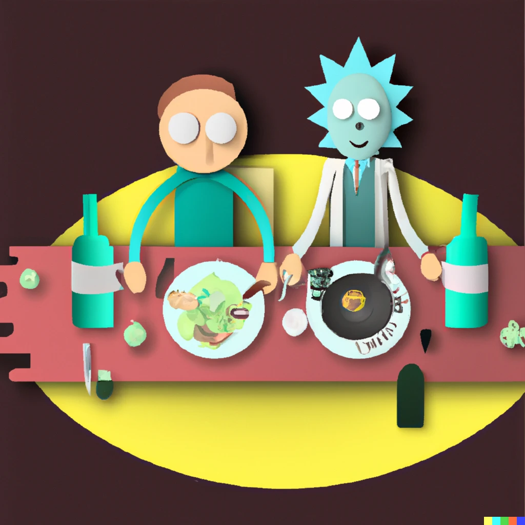 Prompt: Rick and Morty having dinner, layered paper style