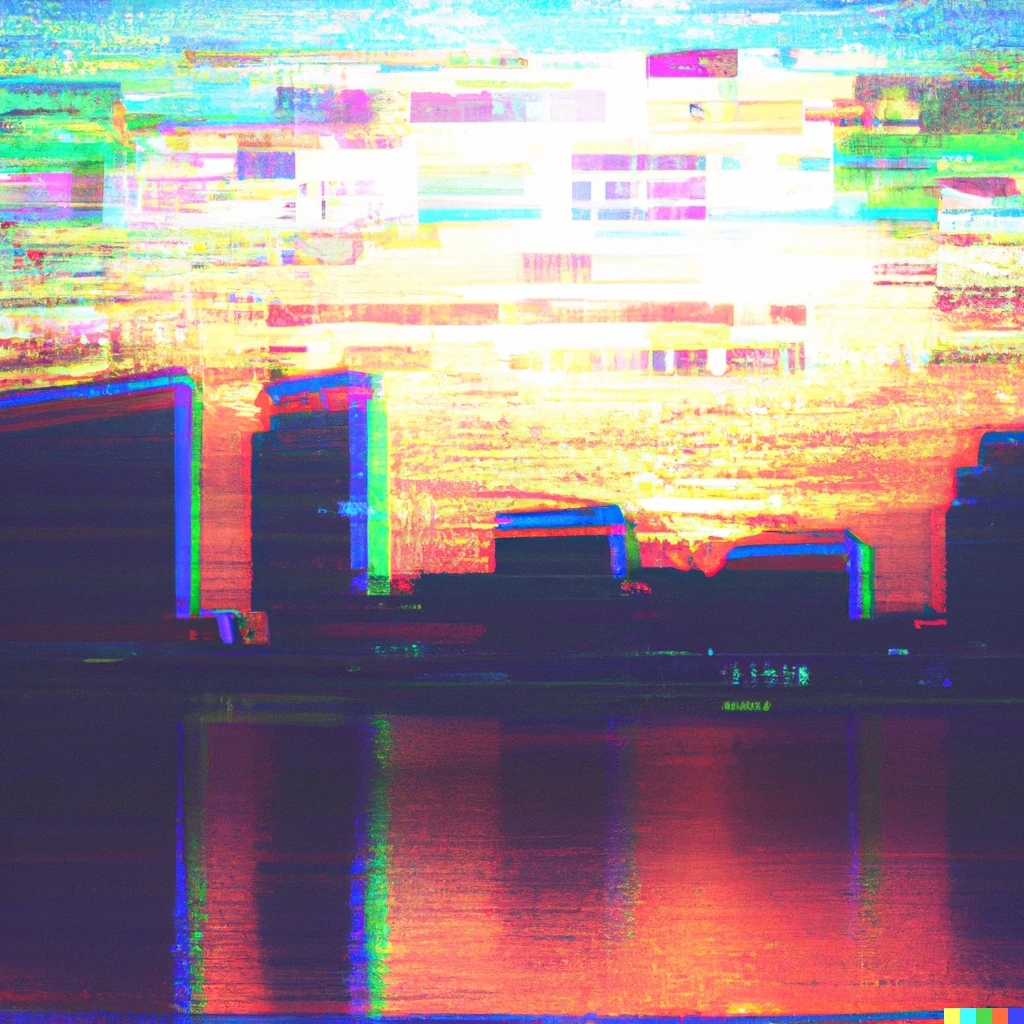 Prompt: A cityscape skyline during a sunset, vaporwave glitchcore art, award winning