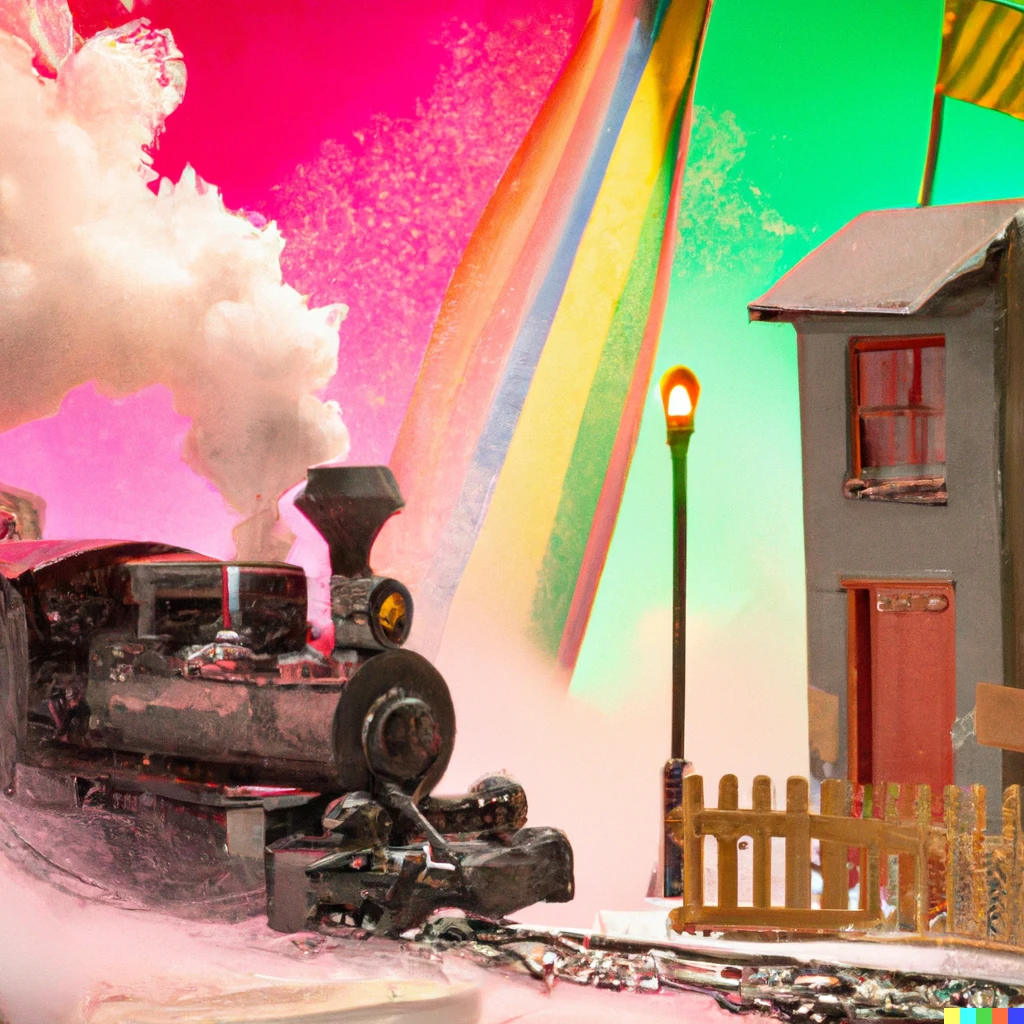 Prompt: "Diorama of a scene of an old steam train pulling into a train station with steam billowing out, made of everyday objects, studio lighting, in the style of Walter Wick, colorful" 