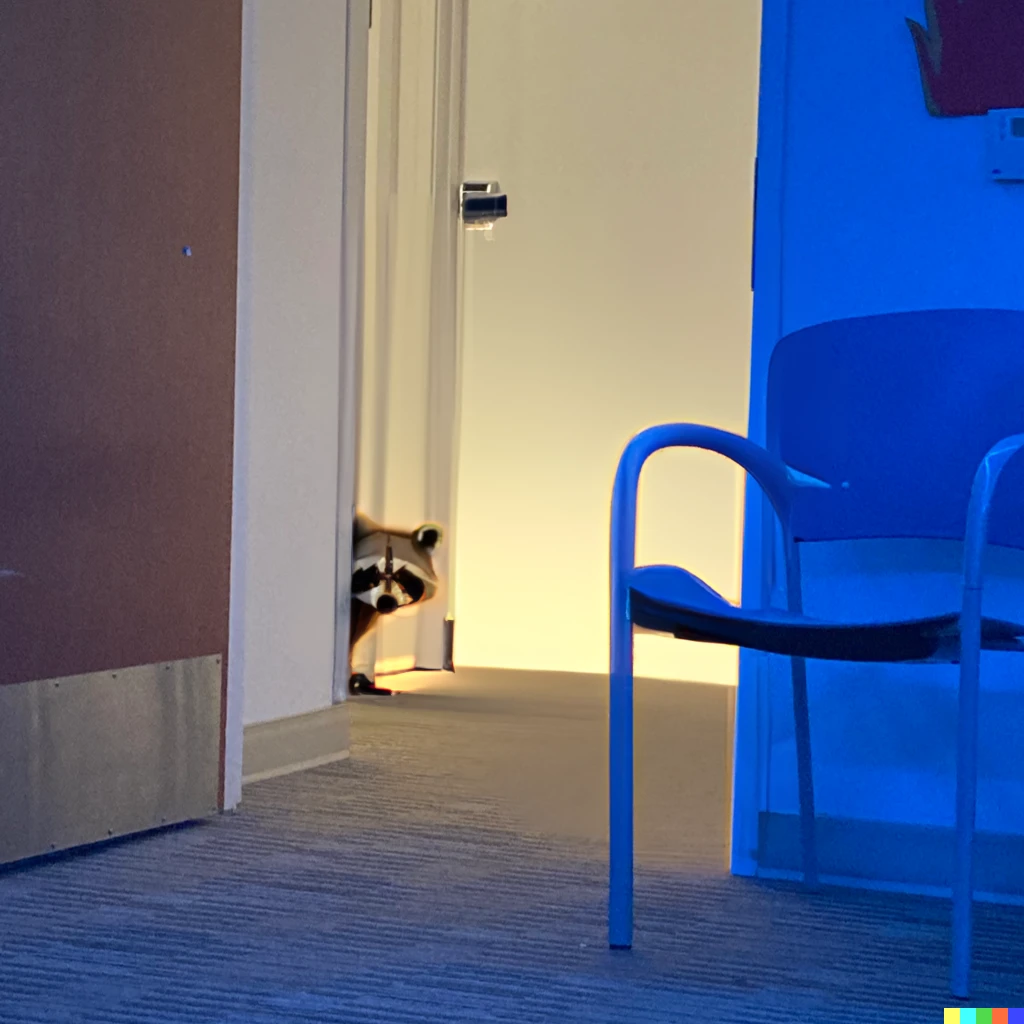 Prompt: raccoon peeking into room from hallway, photograph, iPhone SE camera