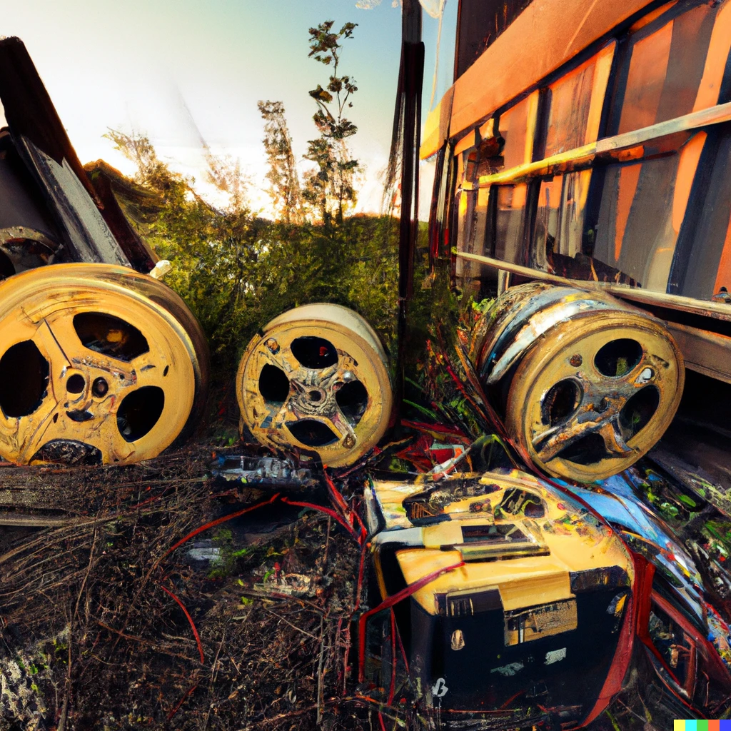 Prompt: reel to reel tape machines stacked on top of each other in an overgrown abandoned super market backlot, sunset lighting, wide angle