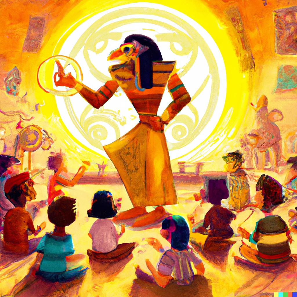 Prompt: Ra, the ancient Egyptian god of the sun, teaching children at a preschool,  art station digital art