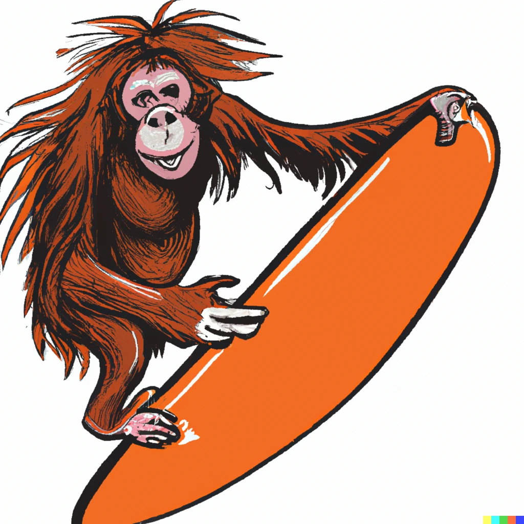 Prompt: A orangutan riding a surfboard