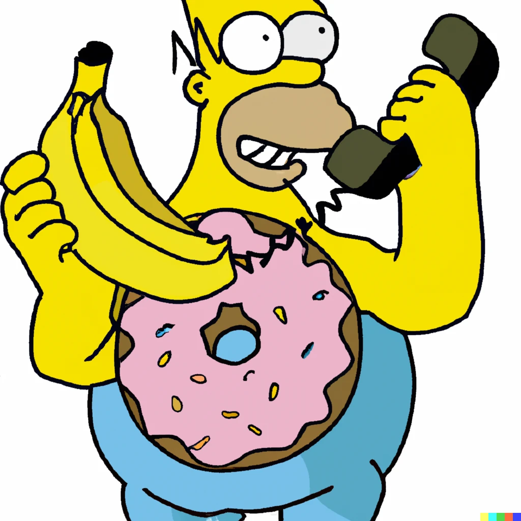 Prompt: "Homer from the Simpsons using a banana-phone and eating a donut"