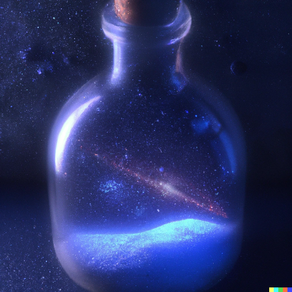 Prompt: “A galaxy contained inside a clear glass bottle, 4K digital art, unreal engine”
