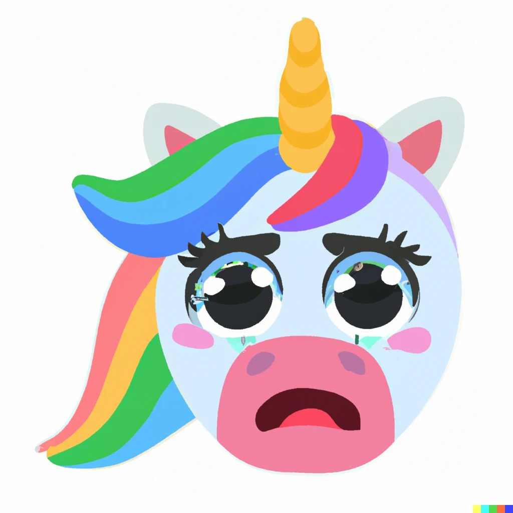 Prompt: A rainbow unicorn emoji looking terrified