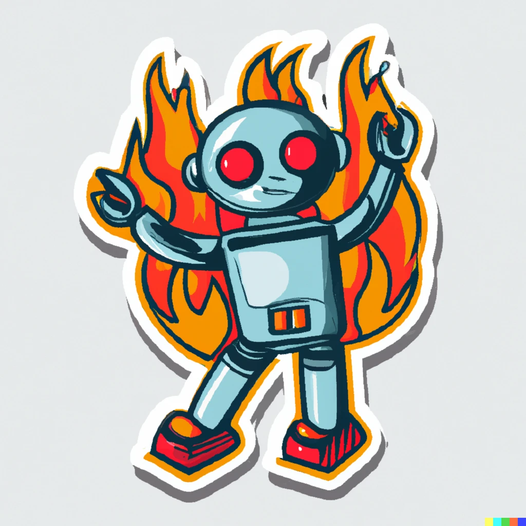 Prompt: robot on fire sticker illustration