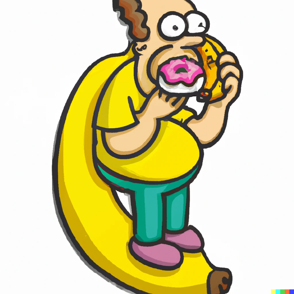 Prompt: Homer from the Simpsons using a banana as a phone and eating a donut