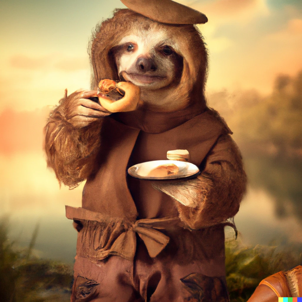 Prompt: A sloth, dressed like a baker, eating croissants at sunrise, photograph