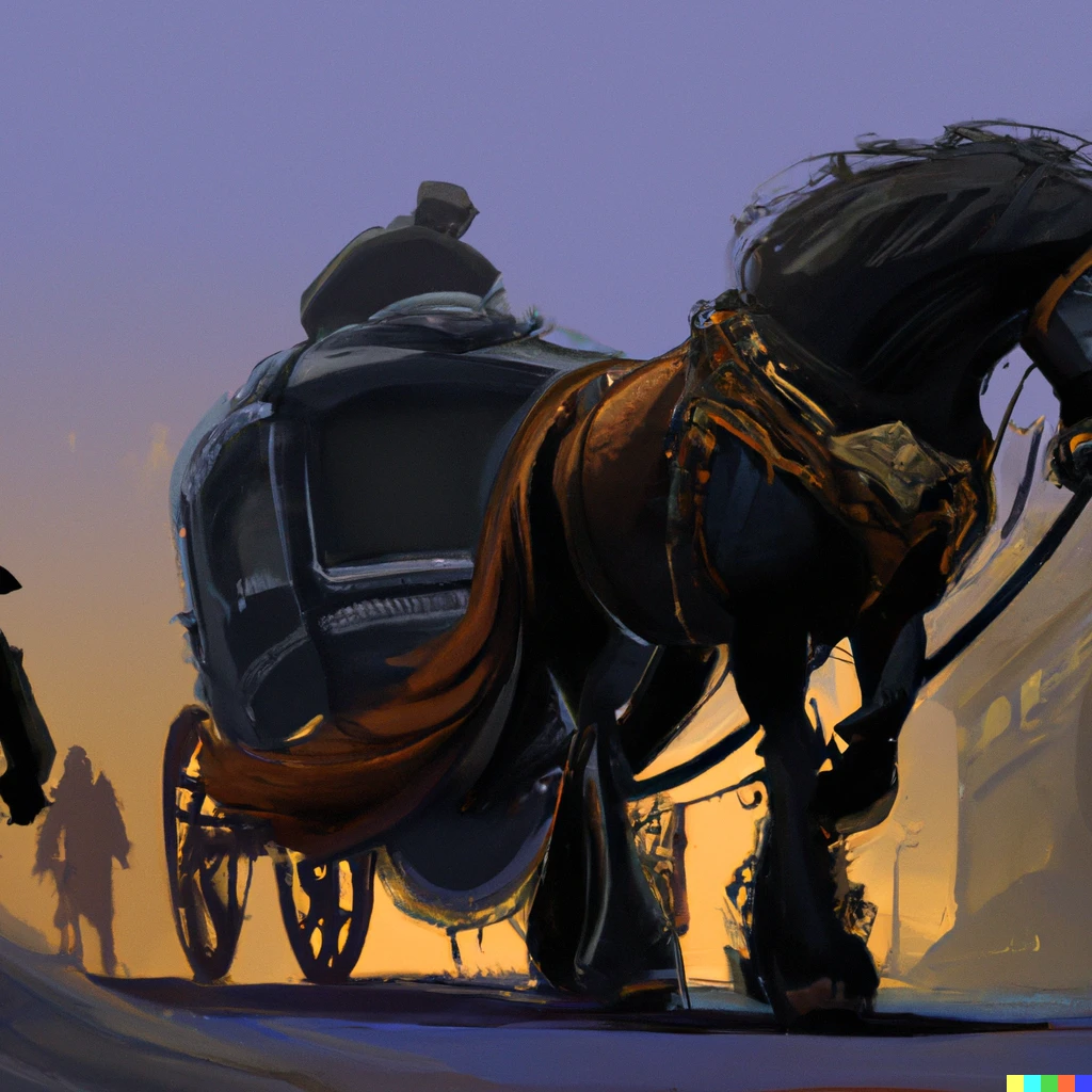 Prompt: black horse pulling a carriage with people in it, digital art