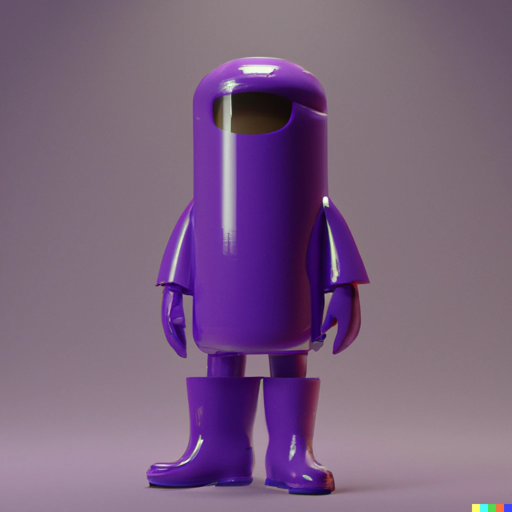 Prompt: purple round cylinder shaped character with long boots in purple hazmat suit, 3d render
