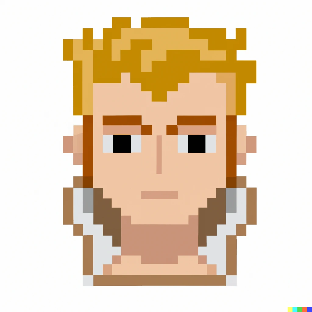 Prompt: nordic male human mage with blond ponytail, brown eyes, pixel art