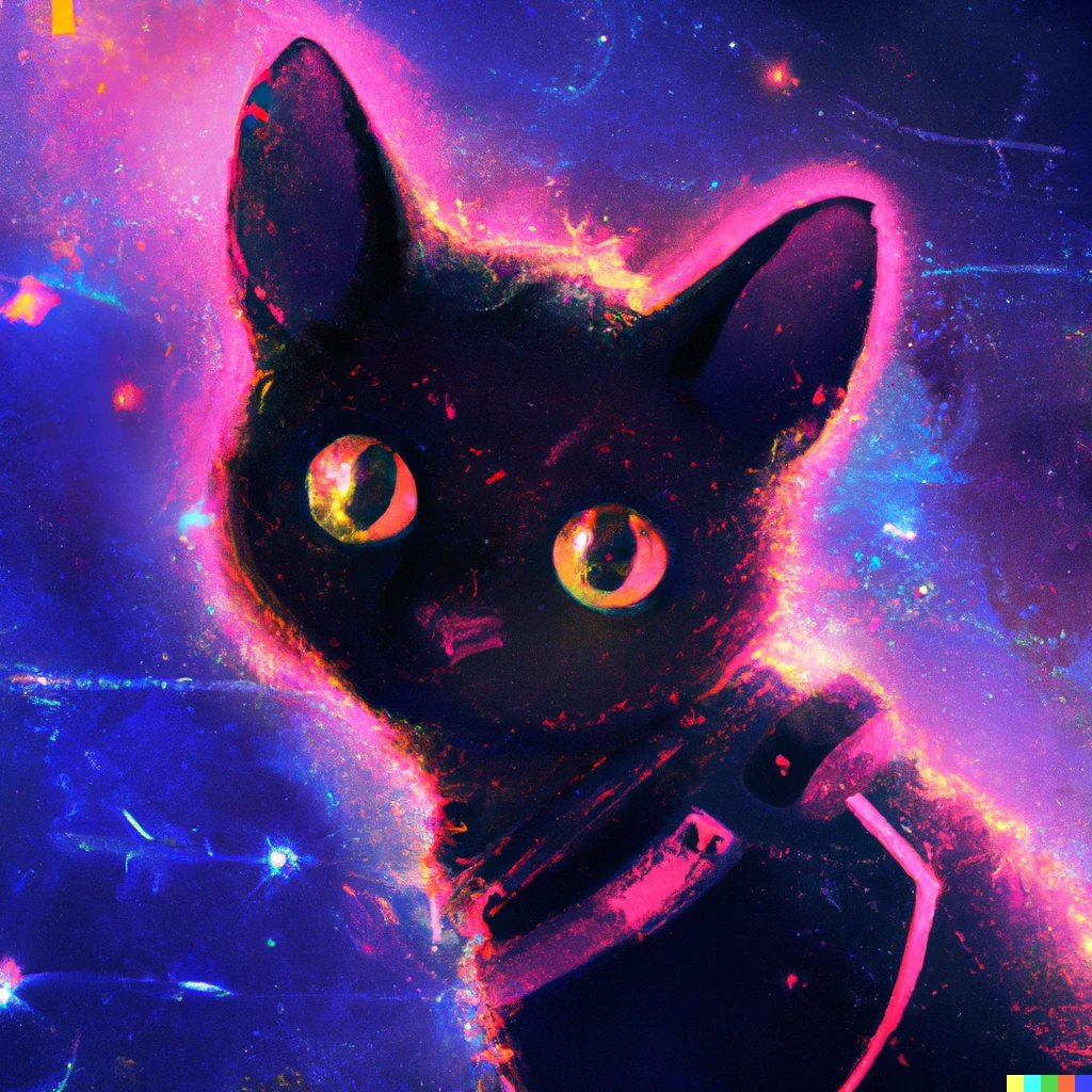 Prompt: curious cyberpunk cat in space, stars, cyberpunk digital painting