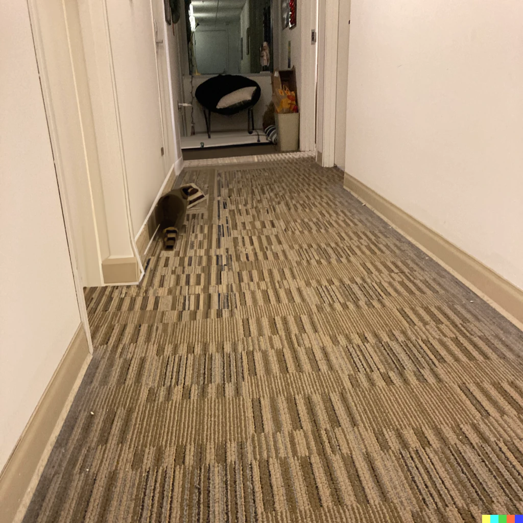 Prompt: a raccoon in a hallway running away, photograph taken with iPhone SE