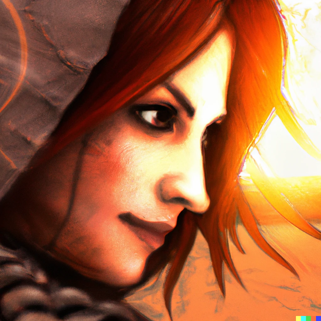 Prompt: red straight haired woman rogue fighting in desert, portrait, art station digital art