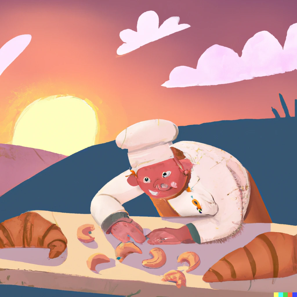 Prompt: A sloth, who is a baker, rolling croissants at sunrise