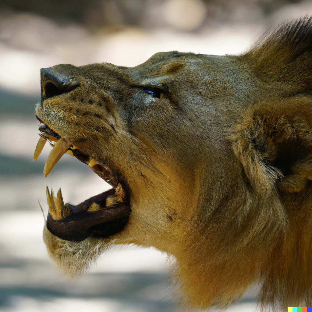 Prompt: 4K photo of a Smilodon (saber-toothed lion) in the wild, 100mm lens bokeh animal photography. It had long curved saber shaped canine teeth