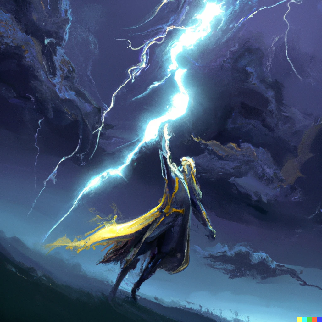Prompt: mage throwing a lightning bolt, bright, art station digital art