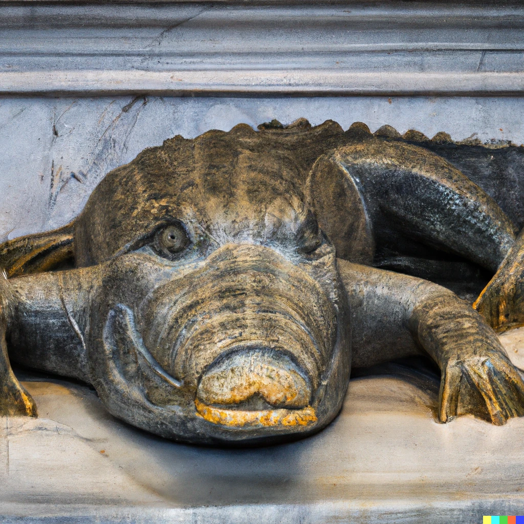 Prompt: Ancient Greek statue of a mob boss alligator