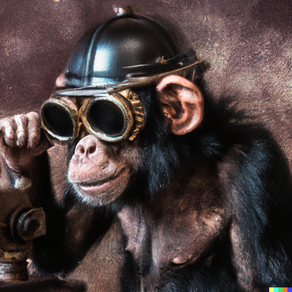 Prompt: "A chimpanzee wearing a steampunk VR headset, photography"
