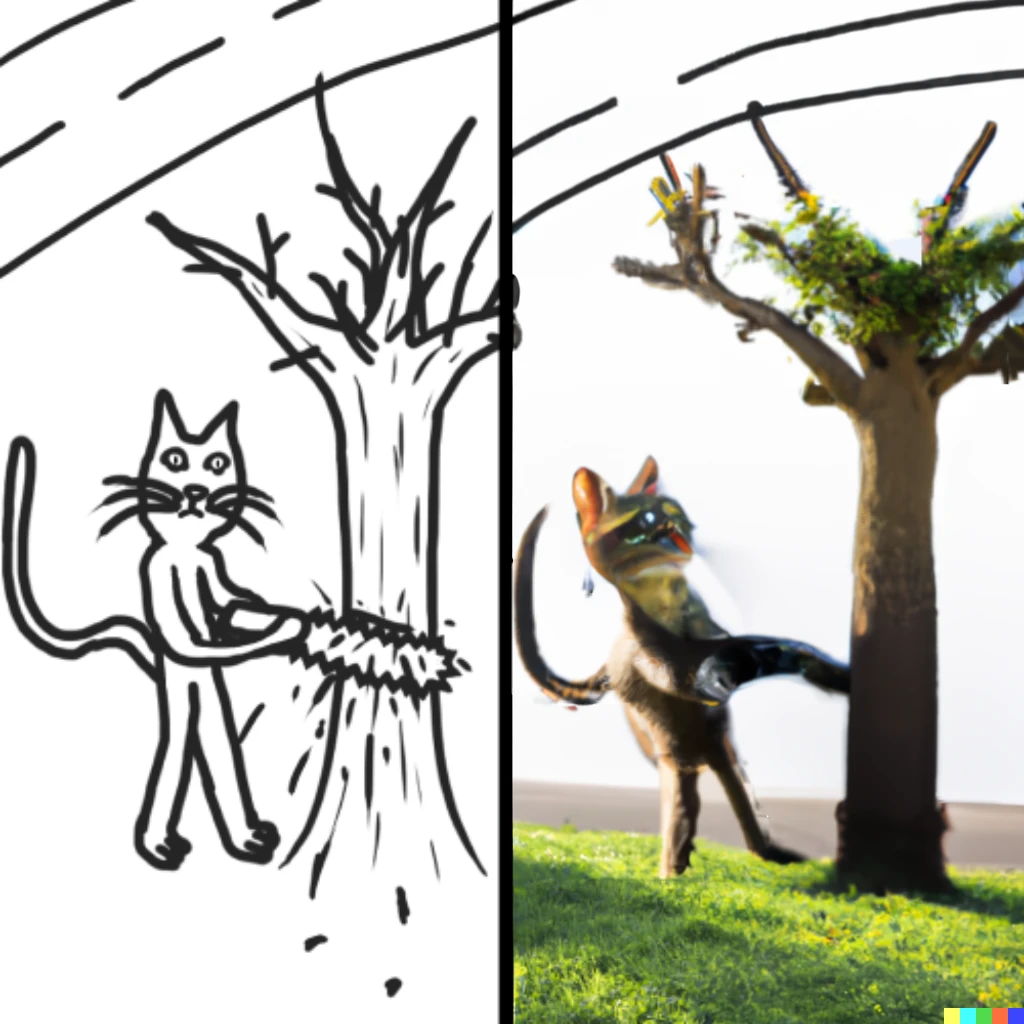 Prompt: a photorealistic render on the right of the exact same cat sawing a tree near the road on the left 