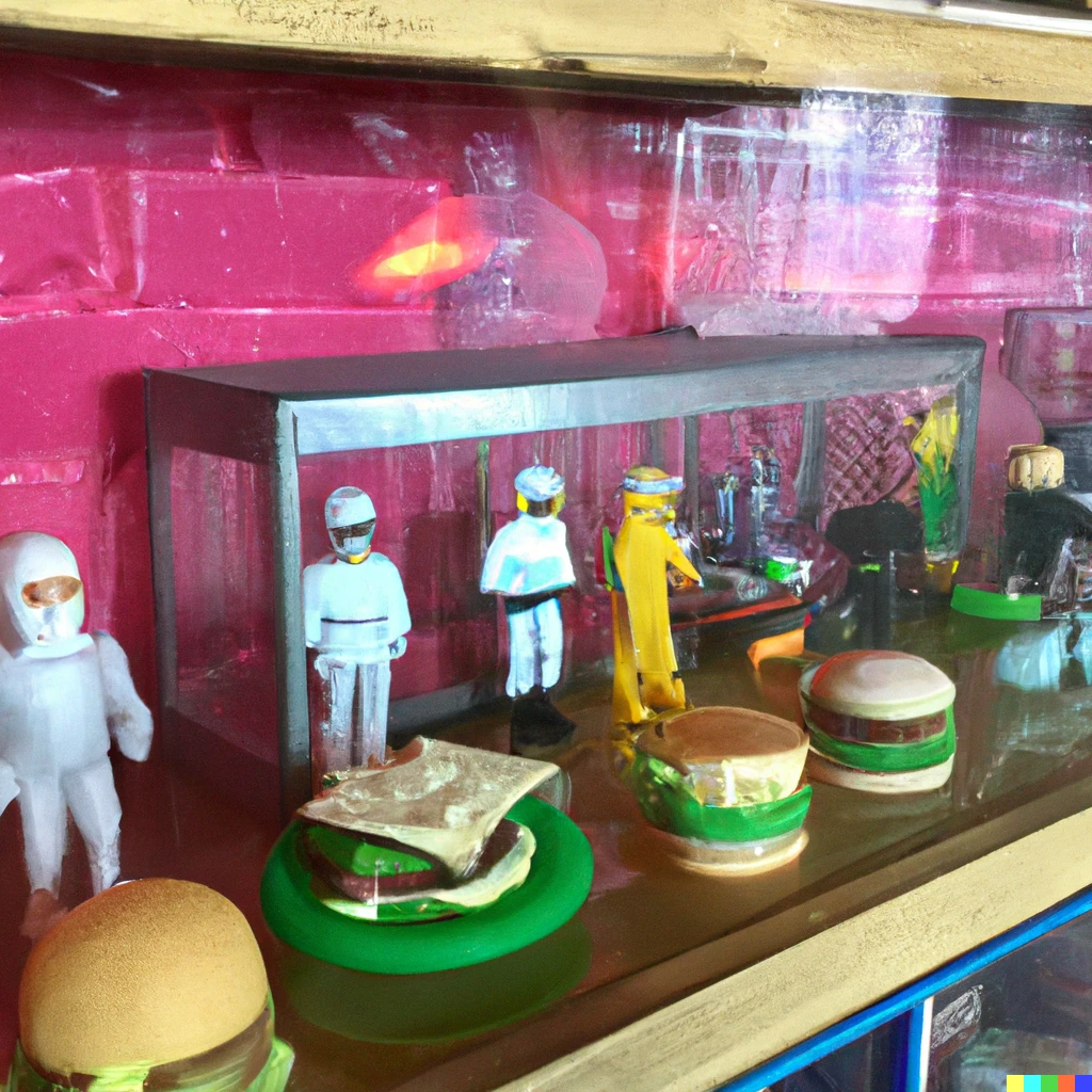 Prompt: Display case of fast food toys in restaurant showing off breaking bad promotional toys
